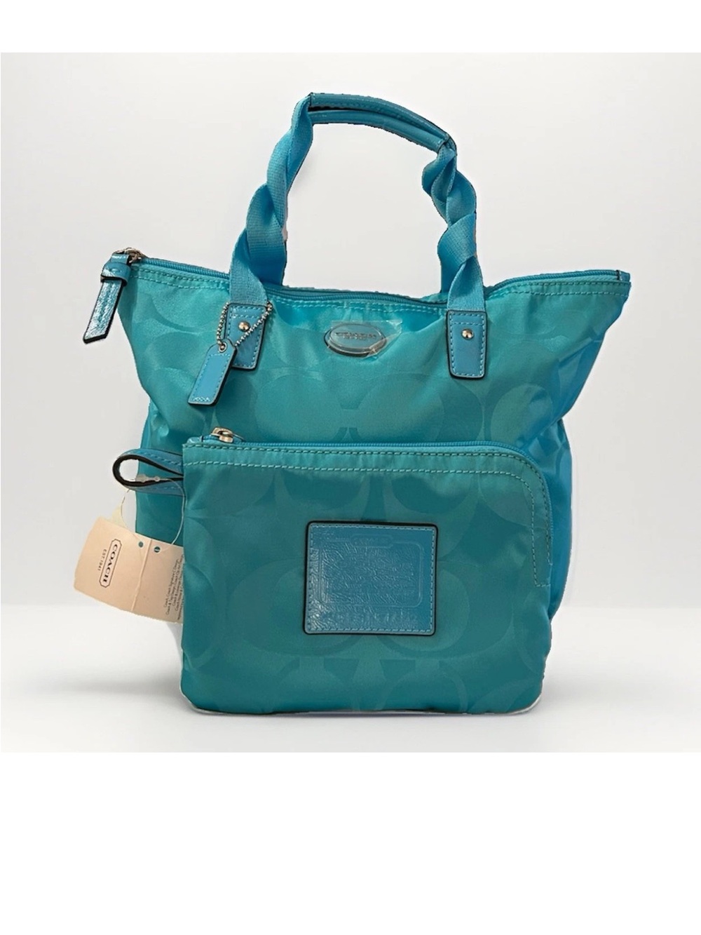 Coach Teal Signature Nylon Tote with Matching Pouch
